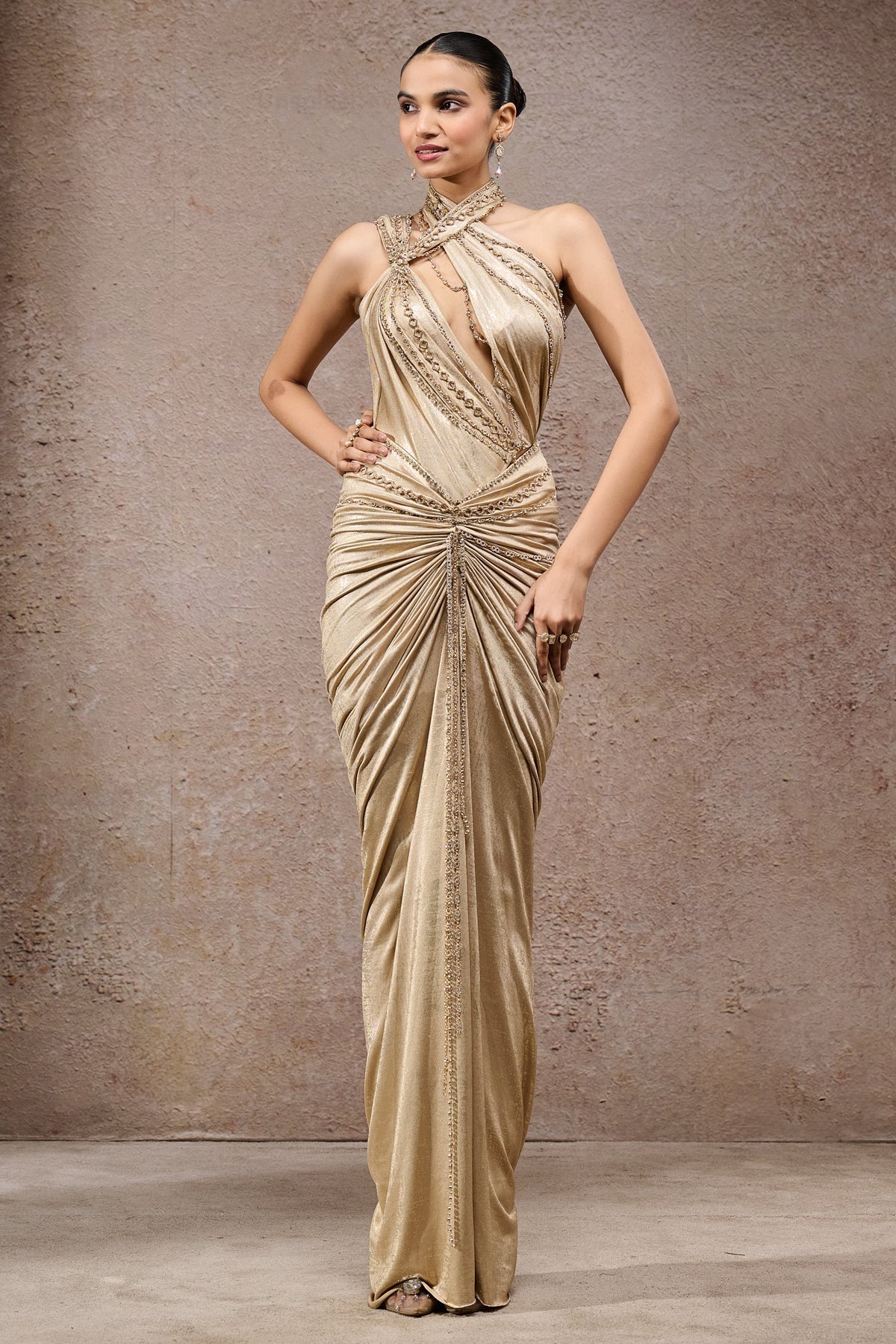 Golden Light Gold Chain Draped Bodysuit & Skirt