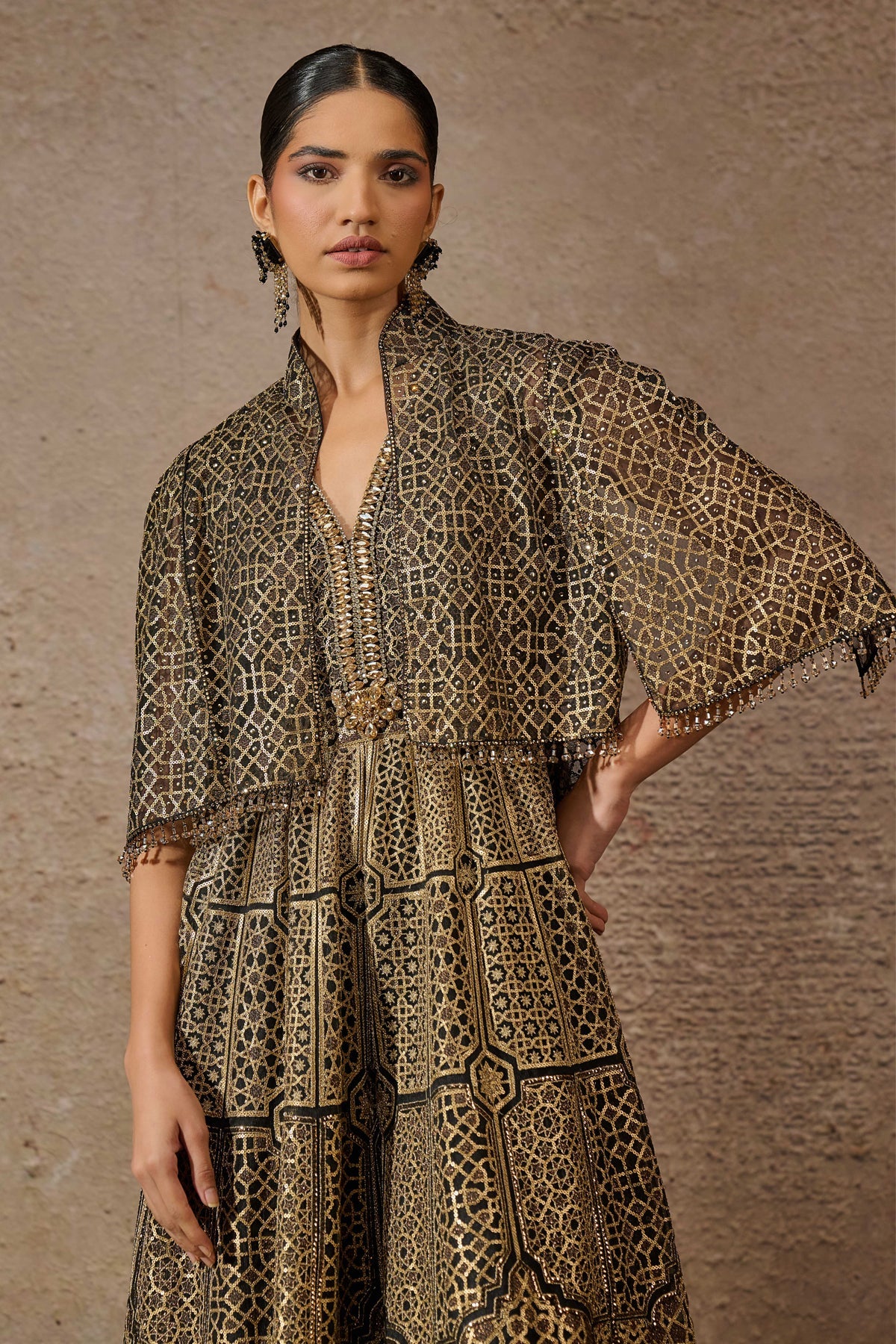 Otherworldly Sequin Architecture Motif Cape
