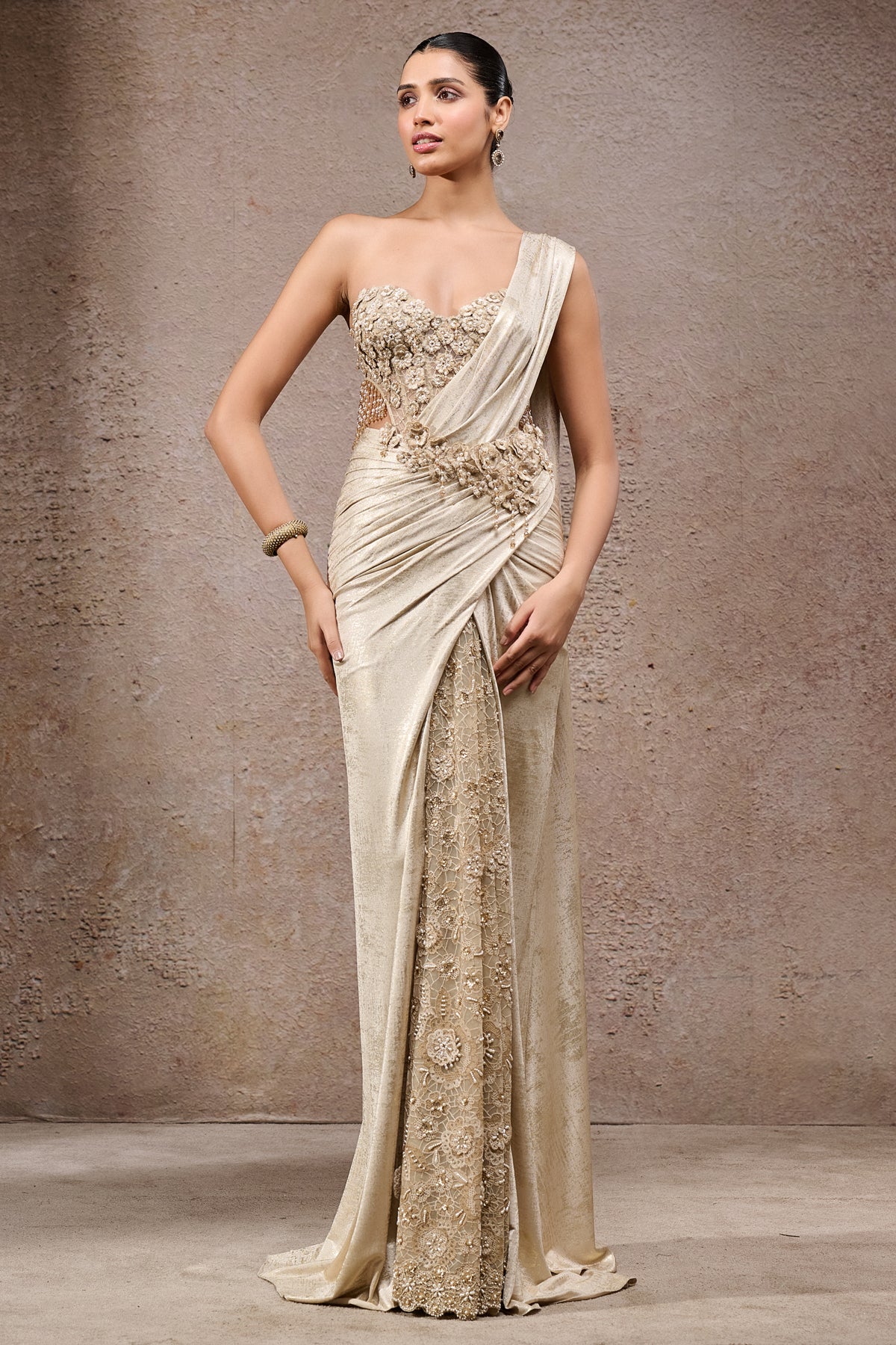 Tarun Tahiliani Golden Light Draped Concept Saree & Corset