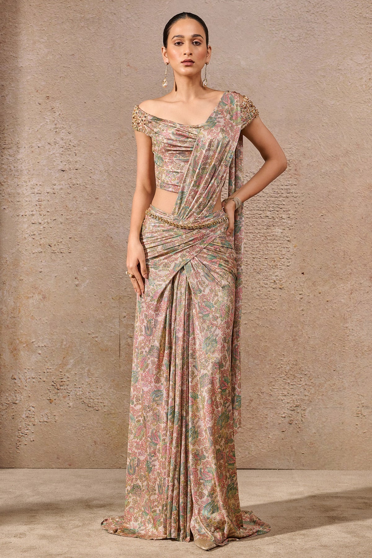 Languid Summer Printed Off Shoulder Concept Saree