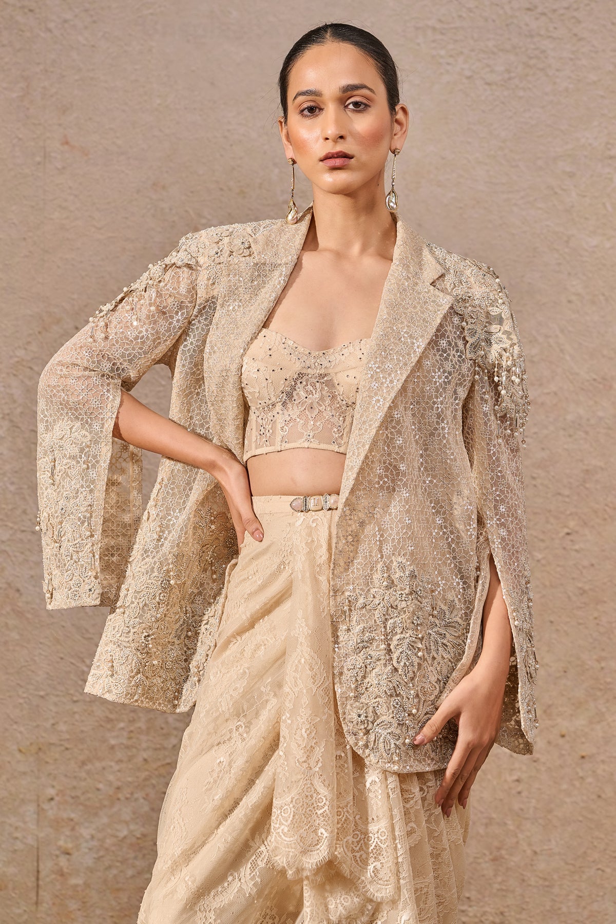 Hand Embroidered Sheer Jacket Co Ord Set