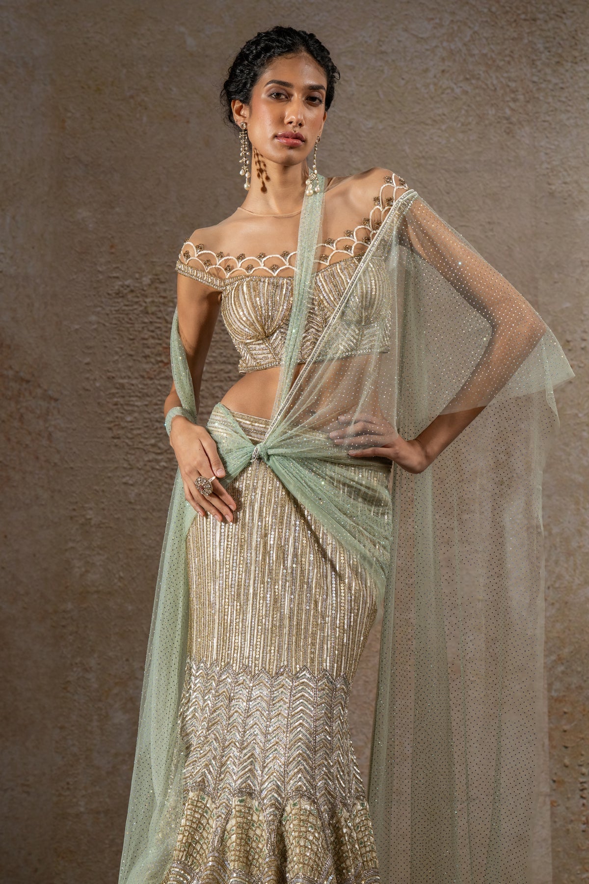 Hand Embroidered Sequin Fishtail Skirt & Corset Set