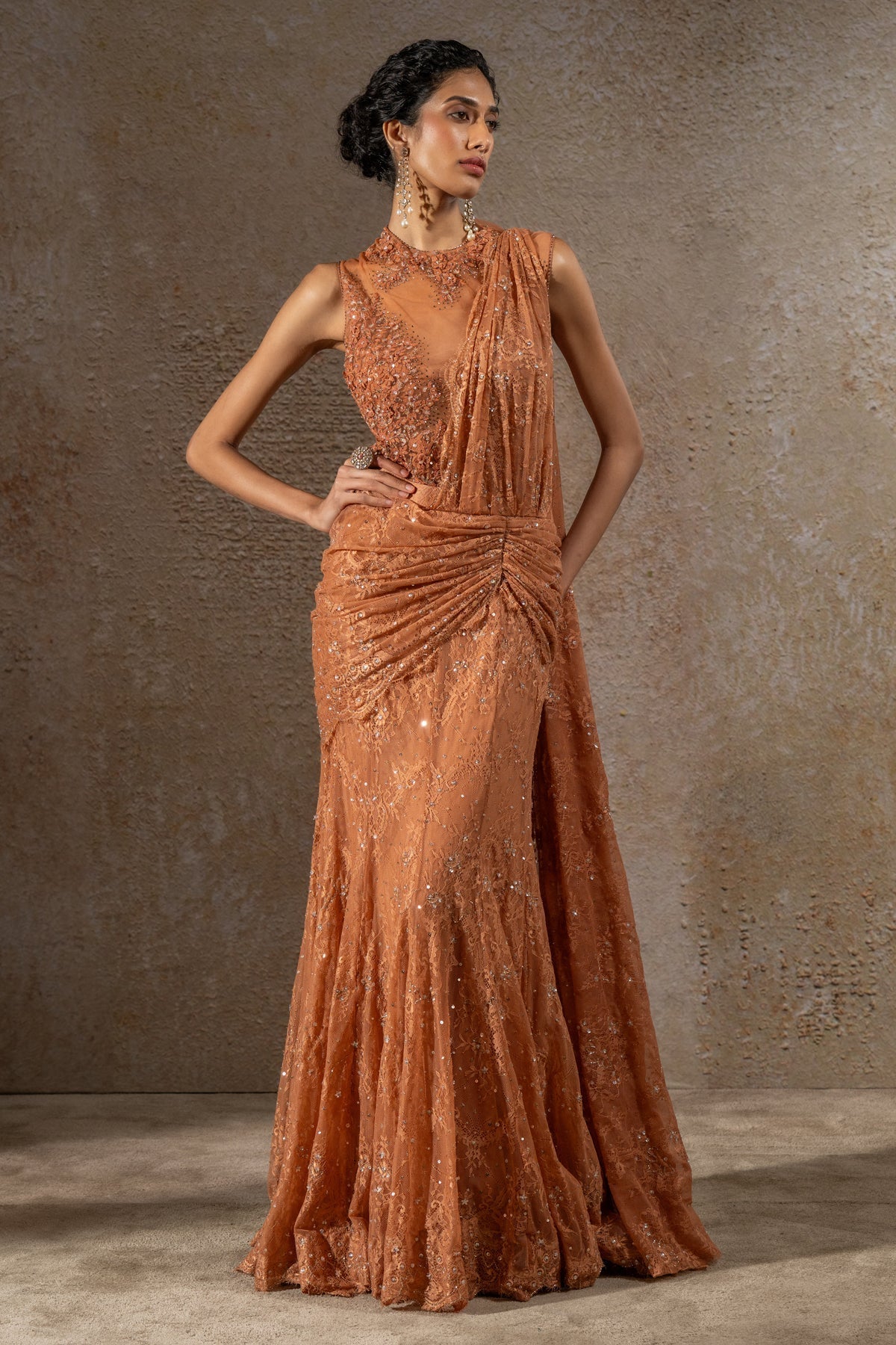Golden Light Lace Concept Saree with Cape
