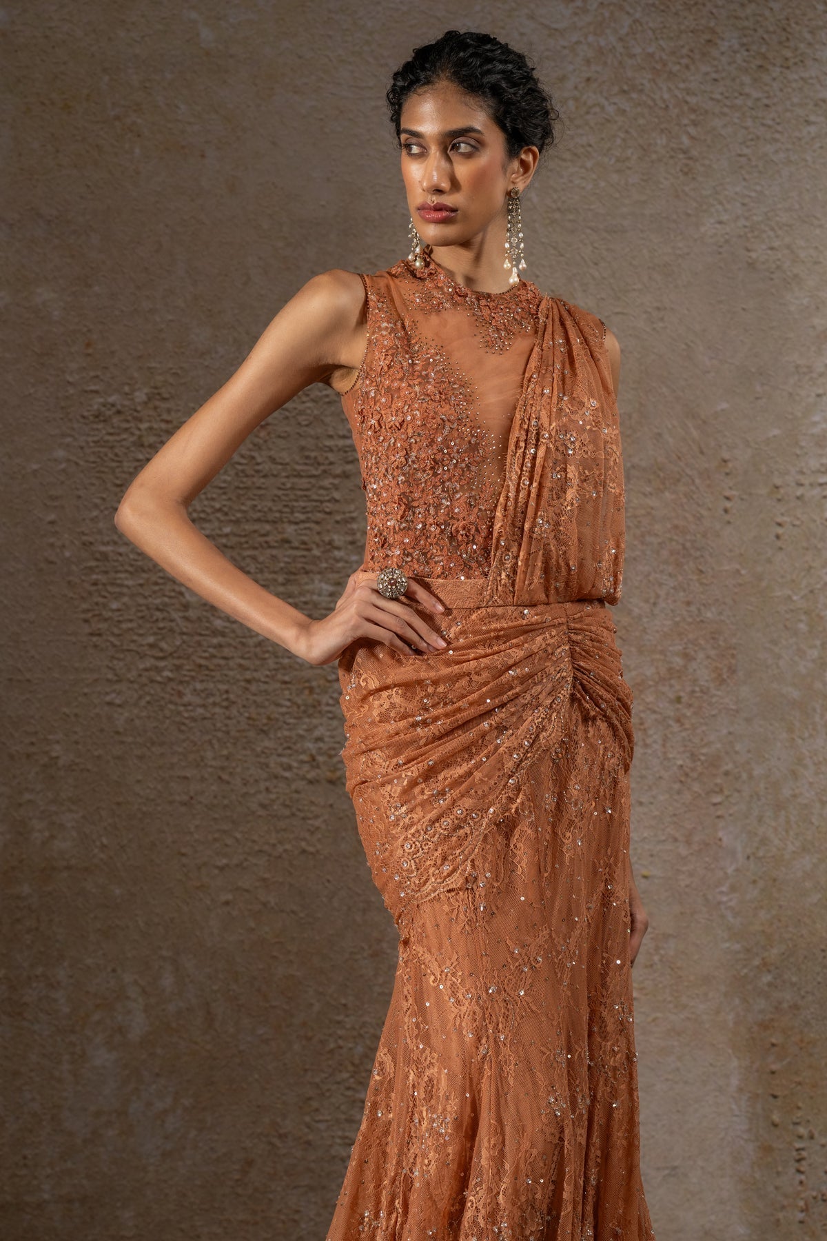 Golden Light Lace Concept Saree with Cape