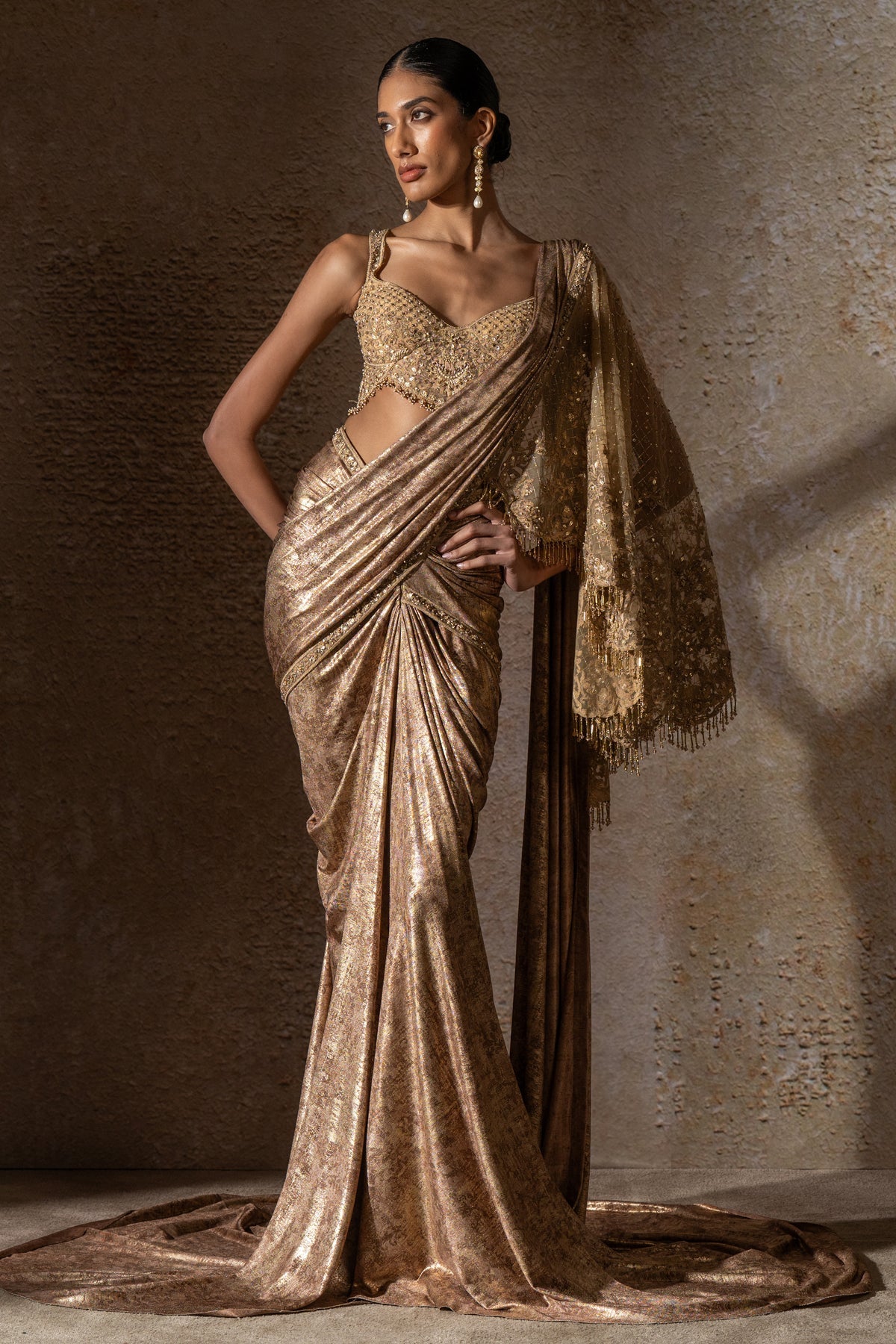 Golden Light Pre-Draped Saree with Hand Embroidered Pallu