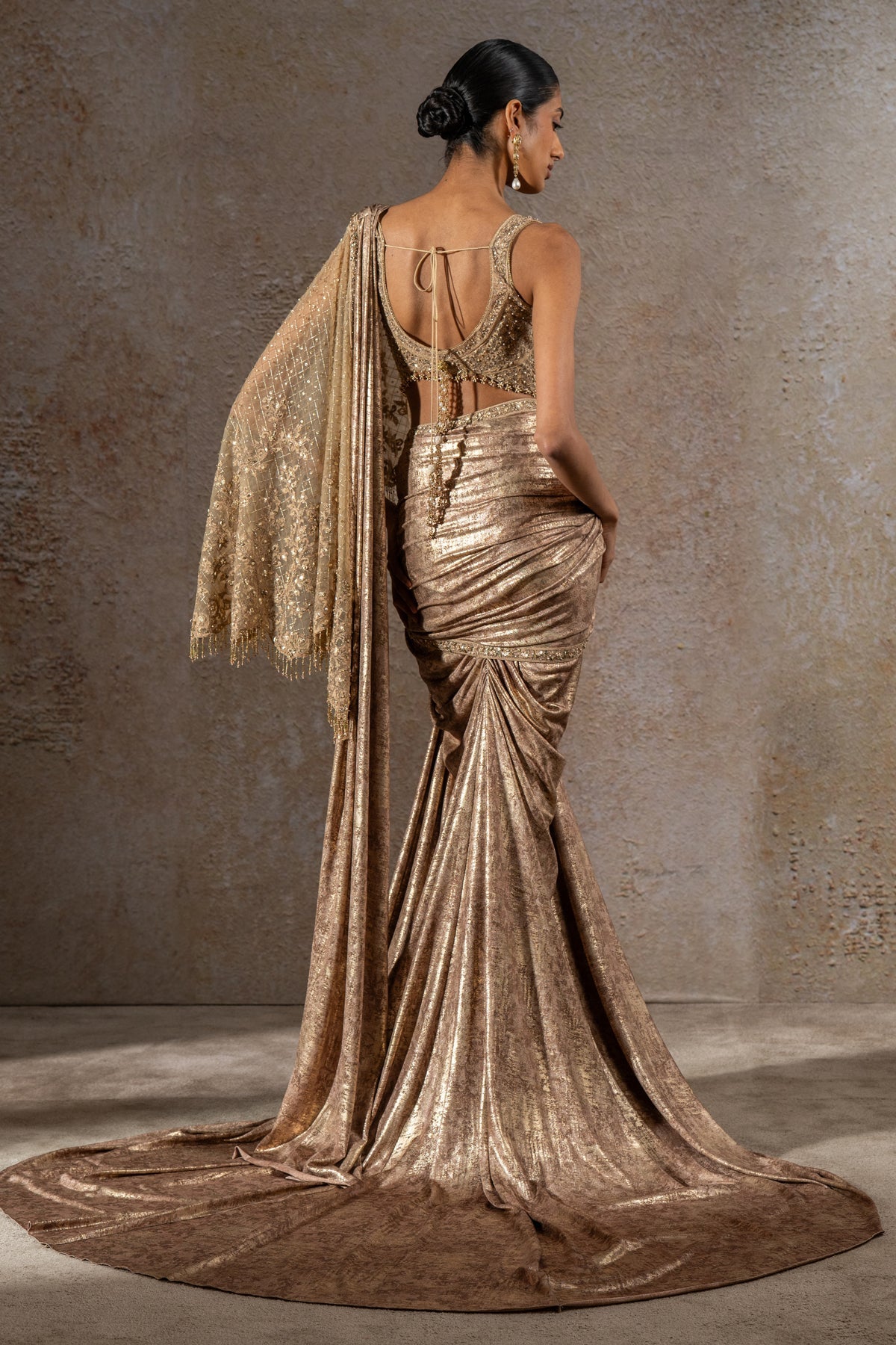 Golden Light Pre-Draped Saree with Hand Embroidered Pallu