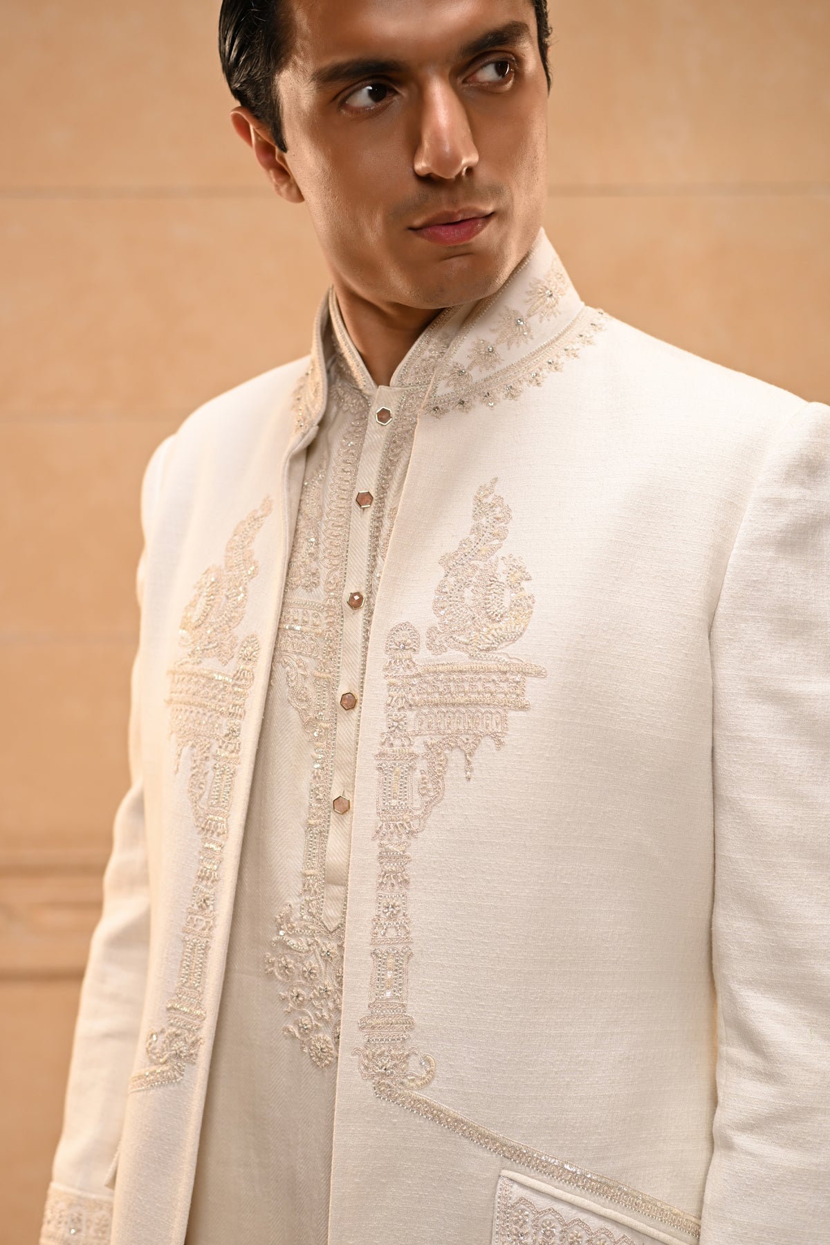 Temple Motif Open Sherwani Set