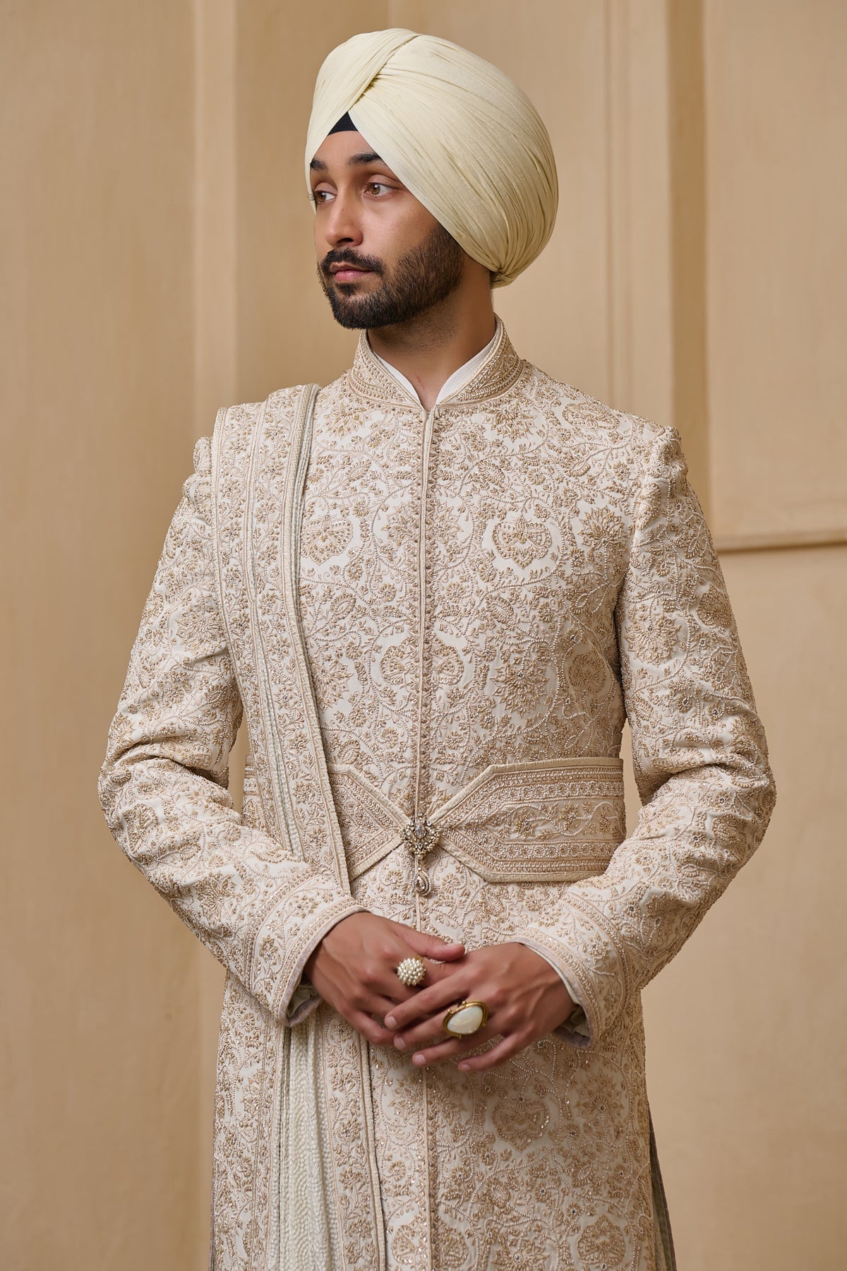 Golden Light Dori Embroidered Sherwani Set with French Knot Detailing