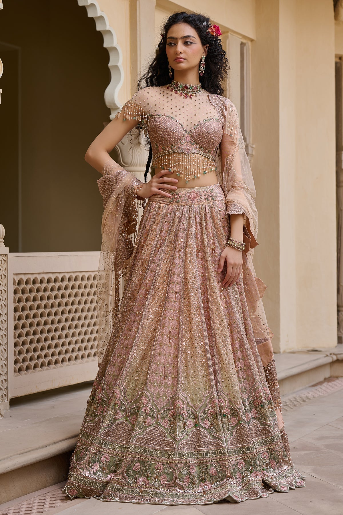 Golden Light Mughal Embroidered Lehenga with Dupatta