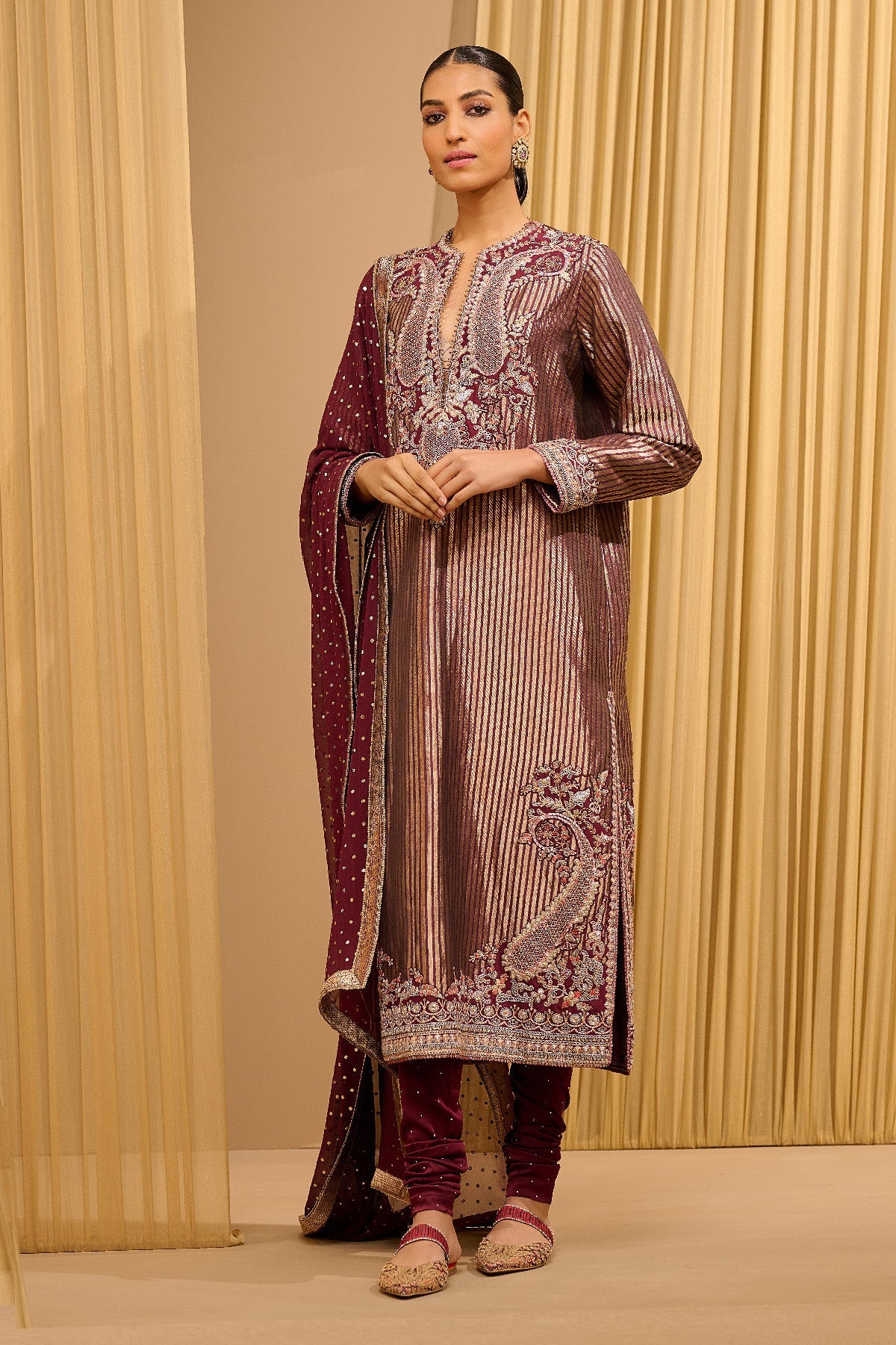 Hand Embroidered Brocade Kurta With Dupatta & Churidar