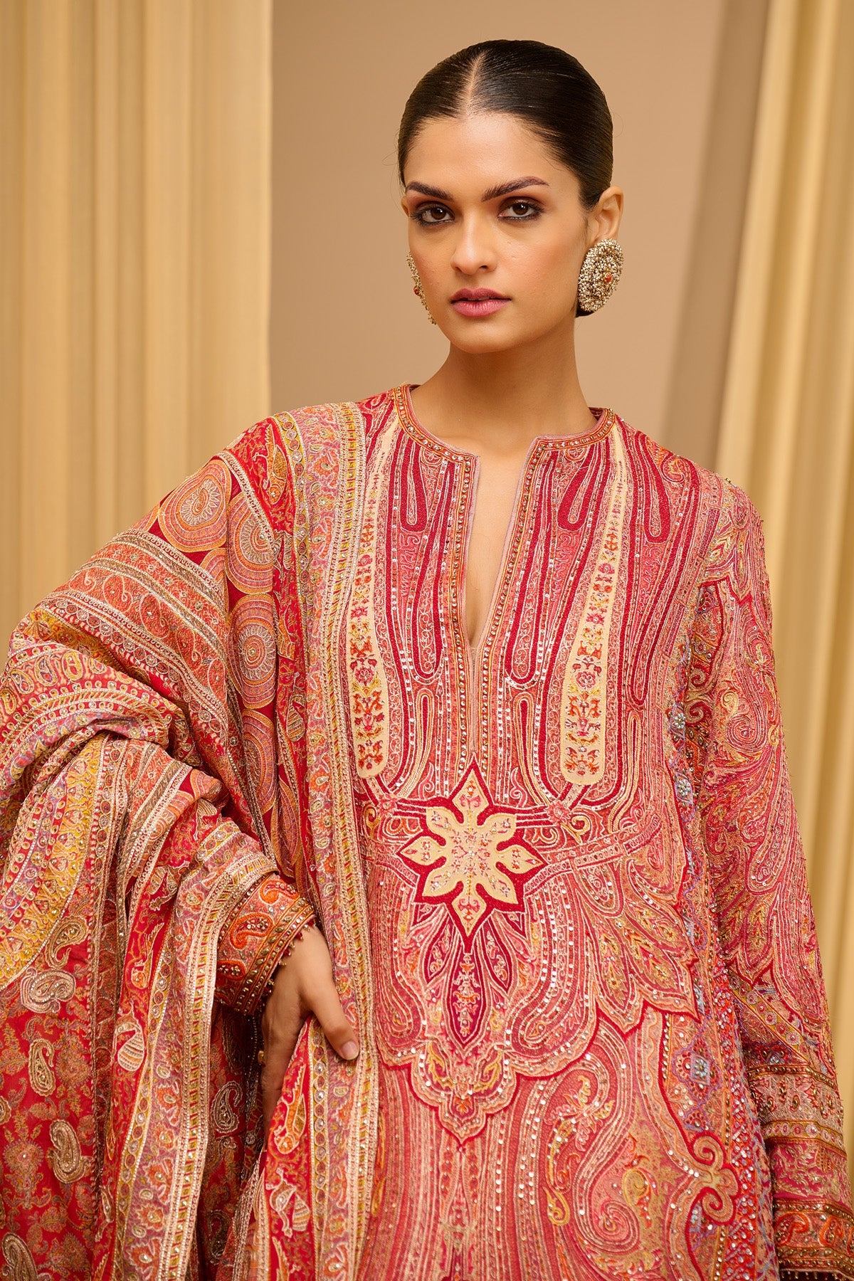 Hand Embroidered Kashida Paisley Kurta Churidar Set