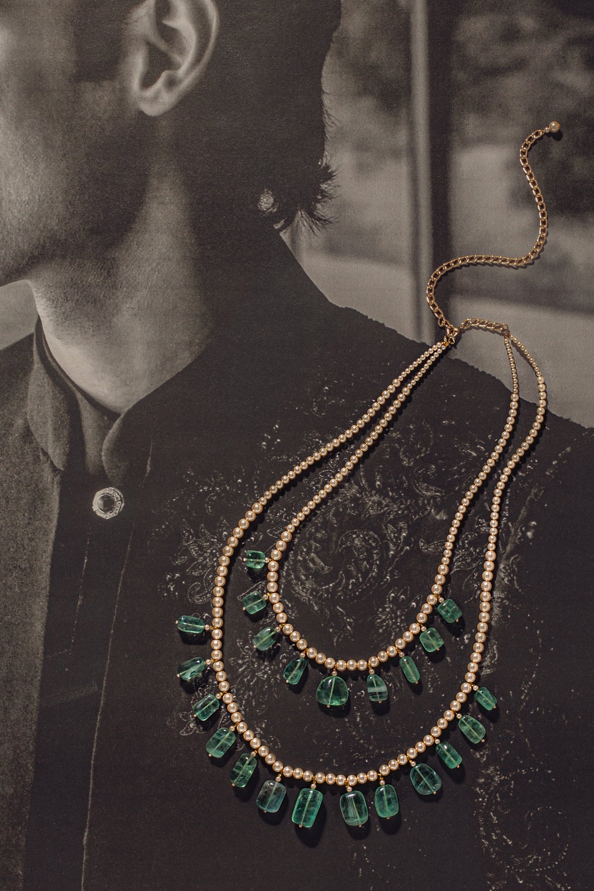 Two String
Pearl Necklace With Emerald Pebble Drops