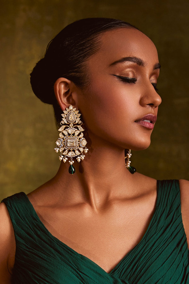 Long Jadau Earring With Color Stone Bead