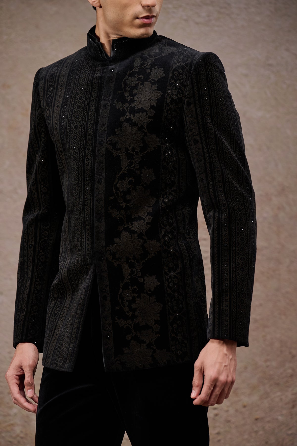 Floral & Stripe Etched Bandhgala Set