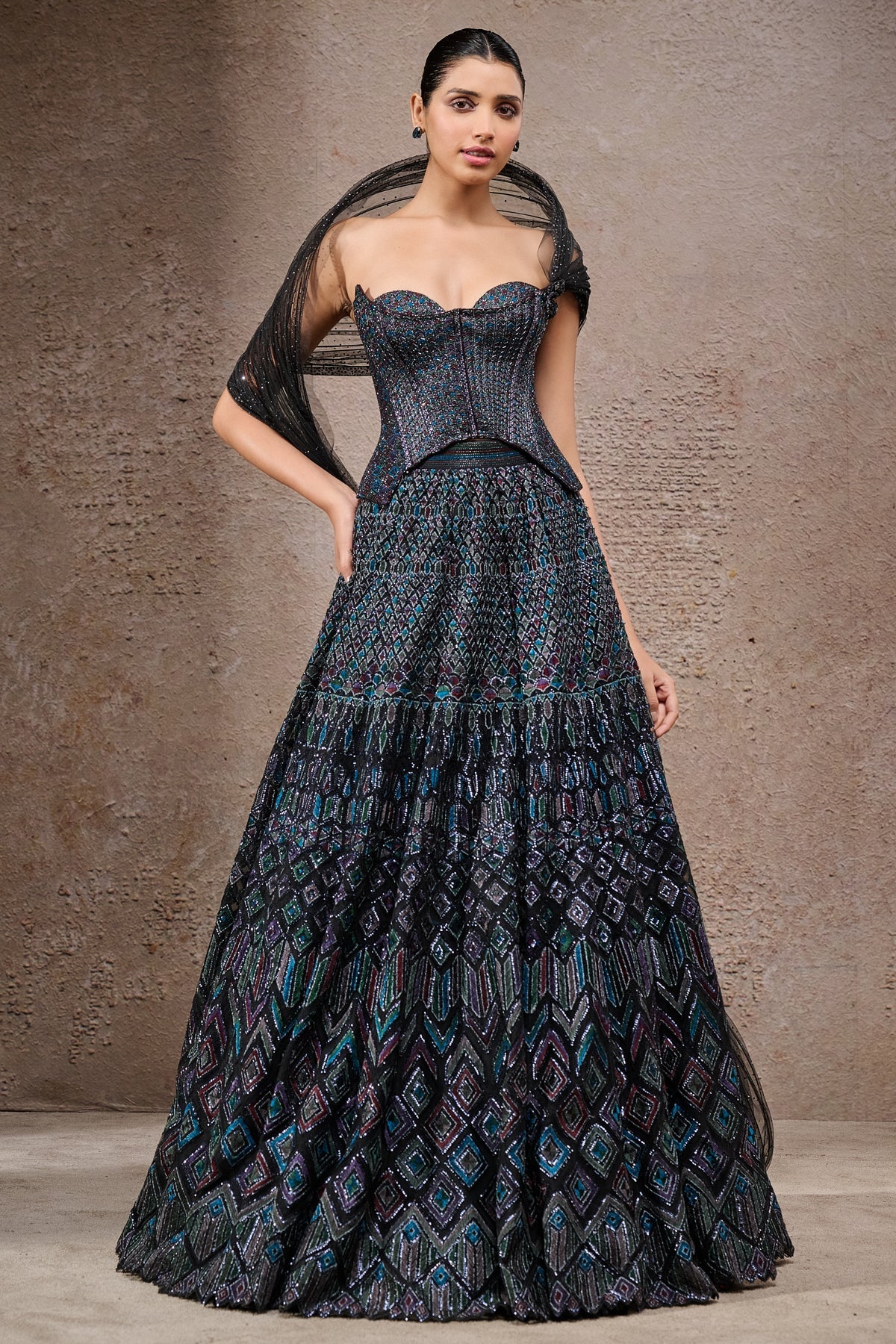 Mosaic Lehenga With Corset And Drape