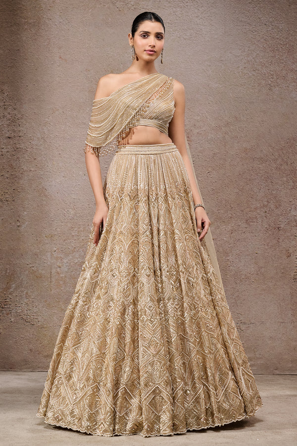 Pearl and sequin hand-embroidered lehenga