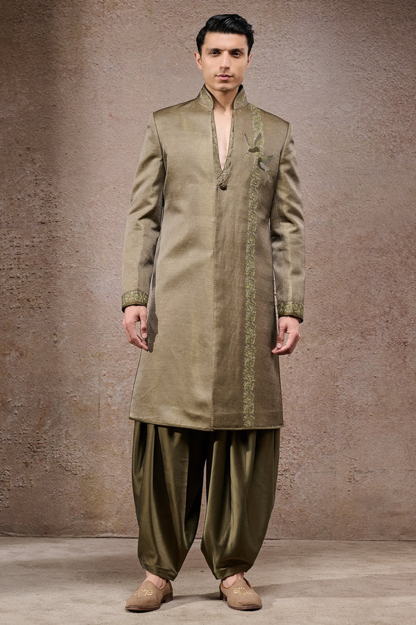 Zardozi Embroidered Open-Neck Sherwani Set