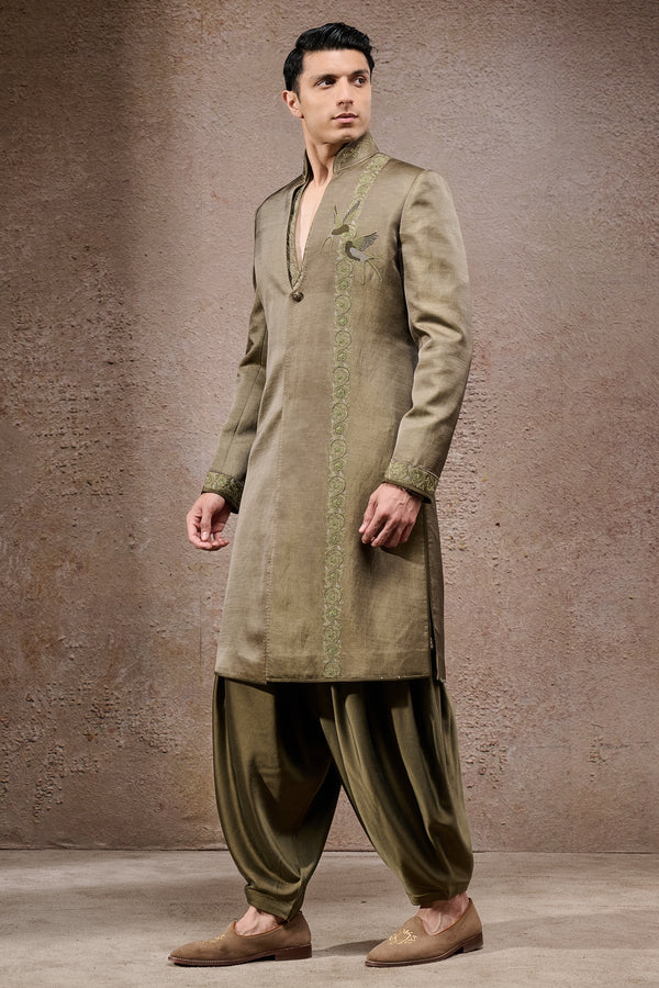 Zardozi Embroidered Open-Neck Sherwani Set