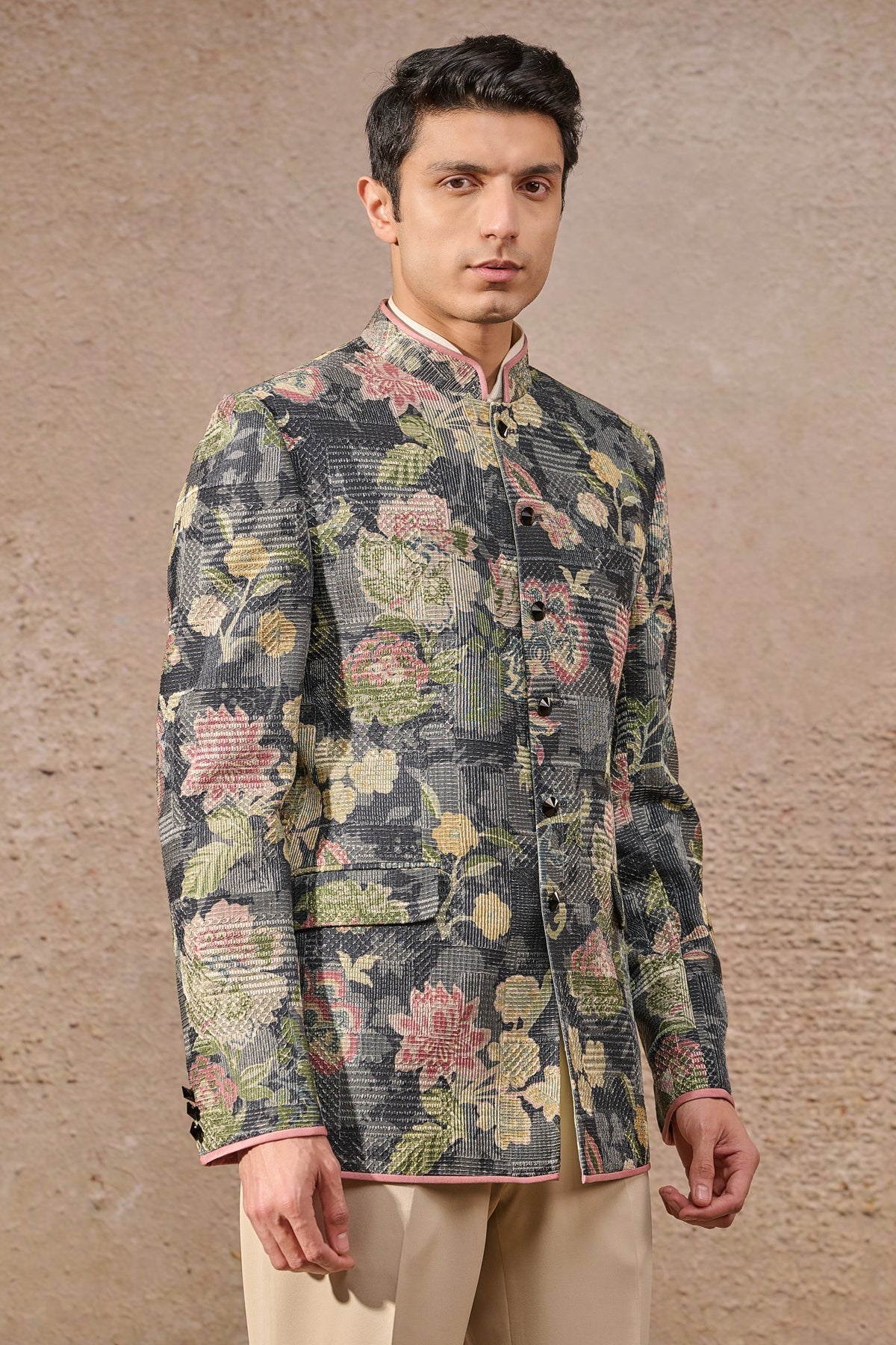 Languid Summer Textured Floral Bandhgala