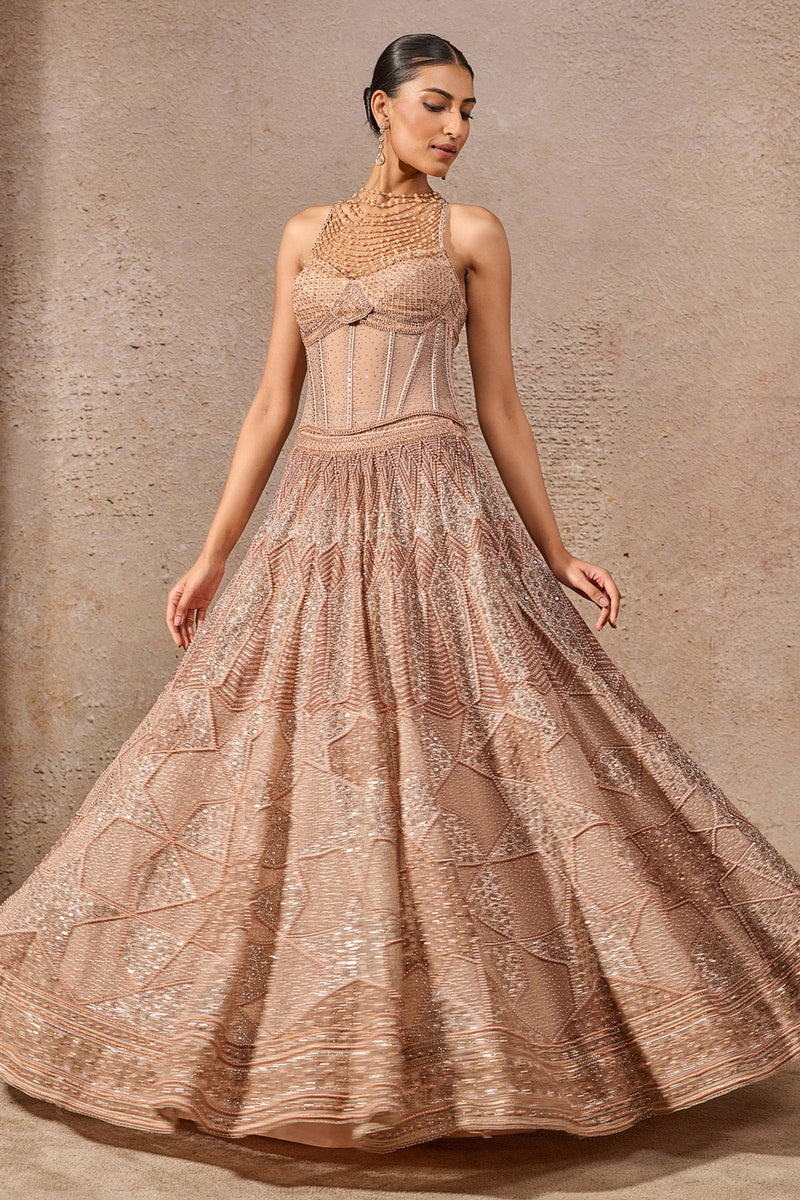 Pearl and sequin embroidered flared lehenga