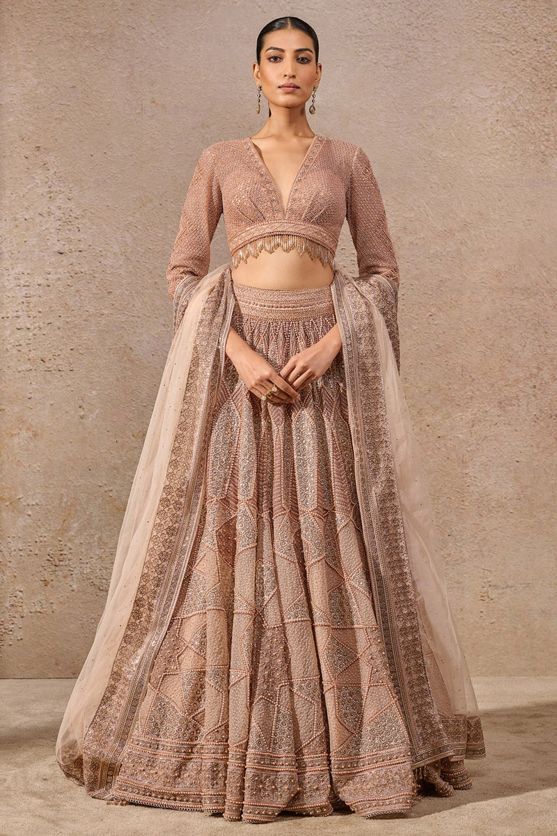 Pearl and sequin embroidered flared lehenga