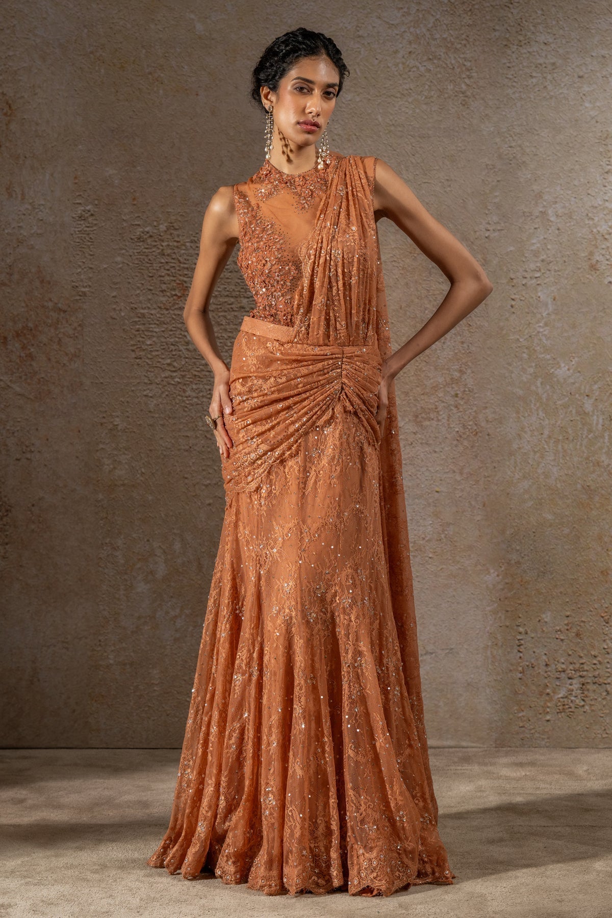 Golden Light Lace Concept Saree with Cape