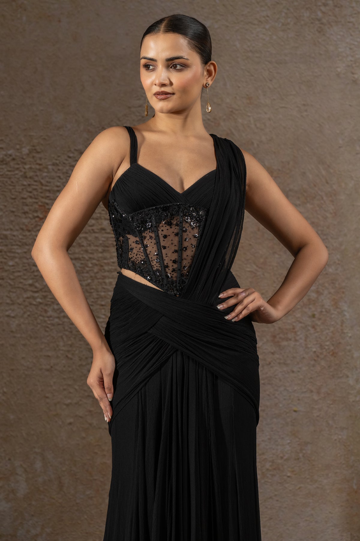 Concept Saree with Sequin Embroidered Corset Belt