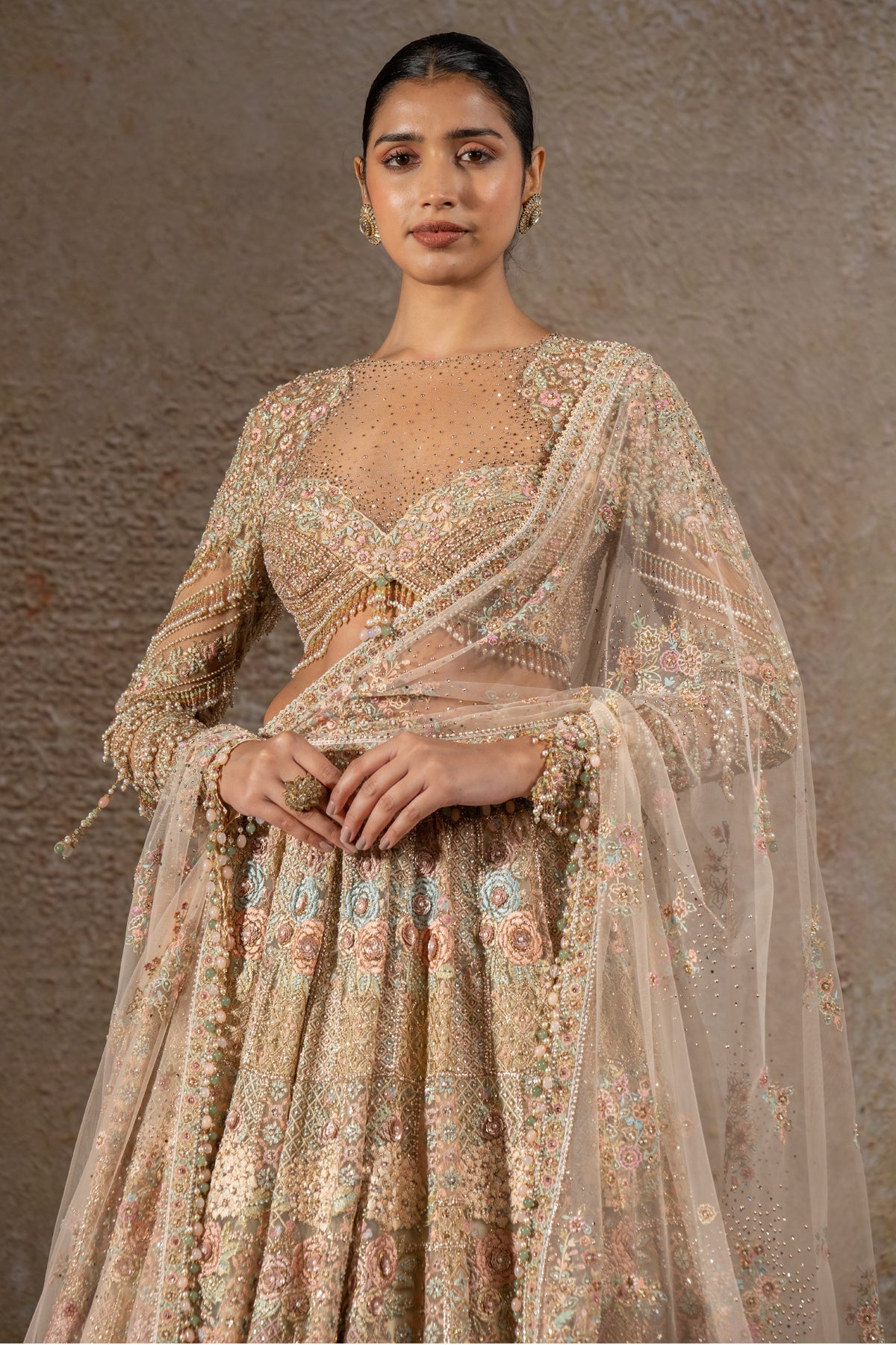 Hand Embroidered Floral Lehenga Set with Drape
