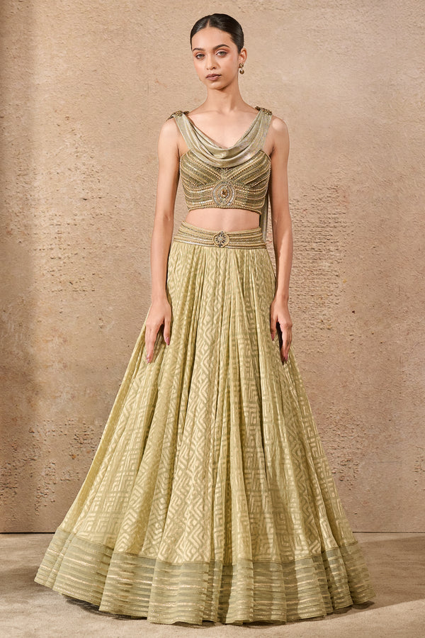 Cowl Drape Bustier & Textile Lehenga