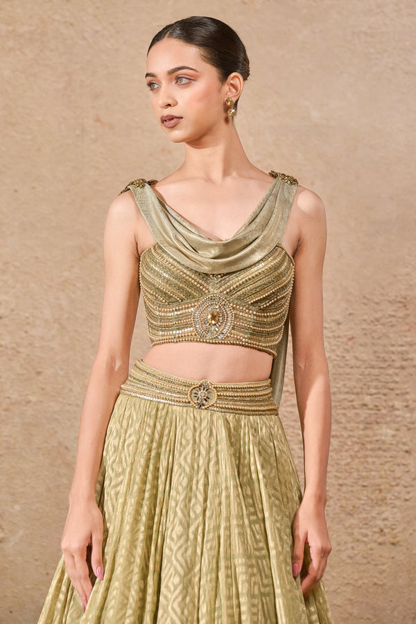 Cowl Drape Bustier & Textile Lehenga