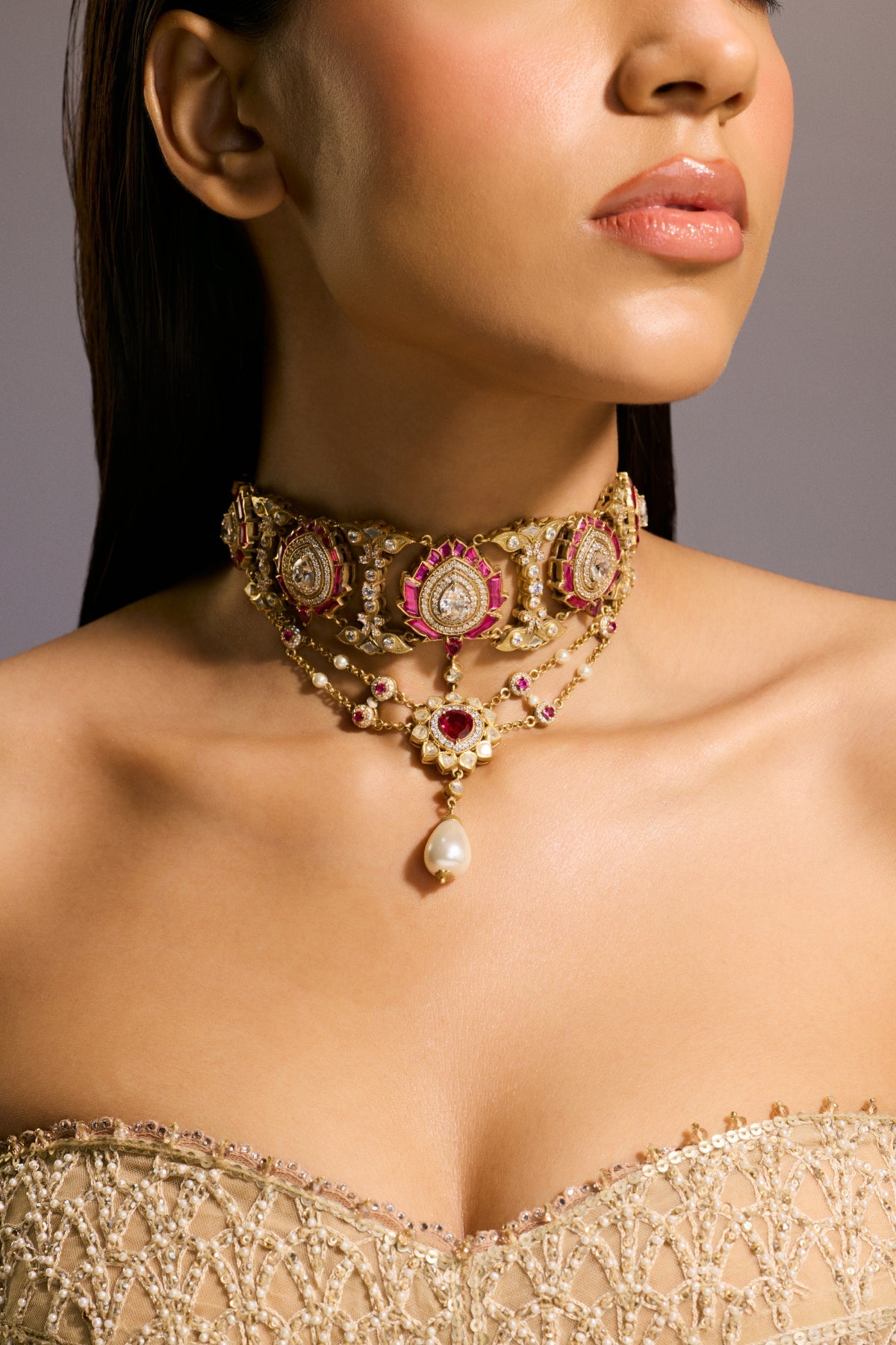 Ruby Floral Silver Choker