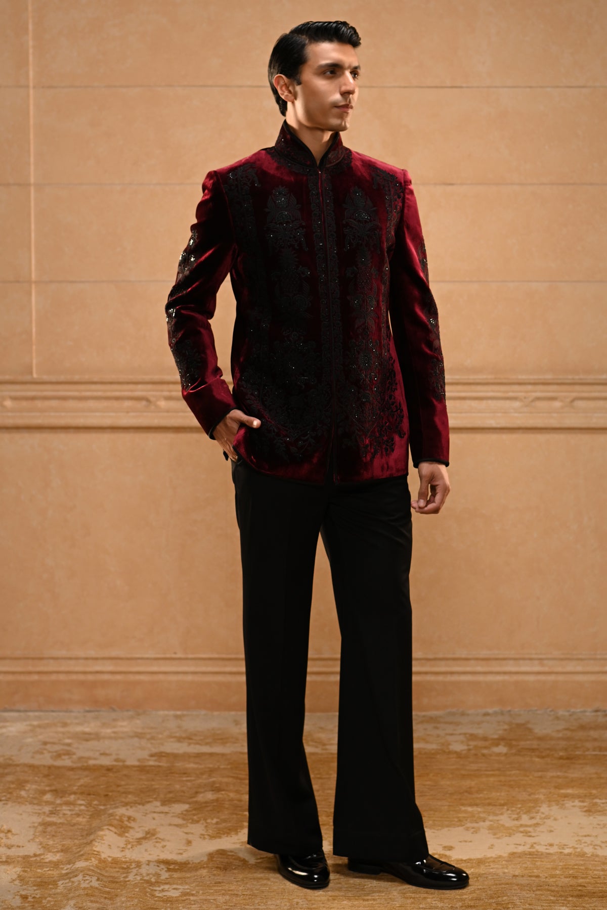 Embroidered Velvet Bandhgala Set