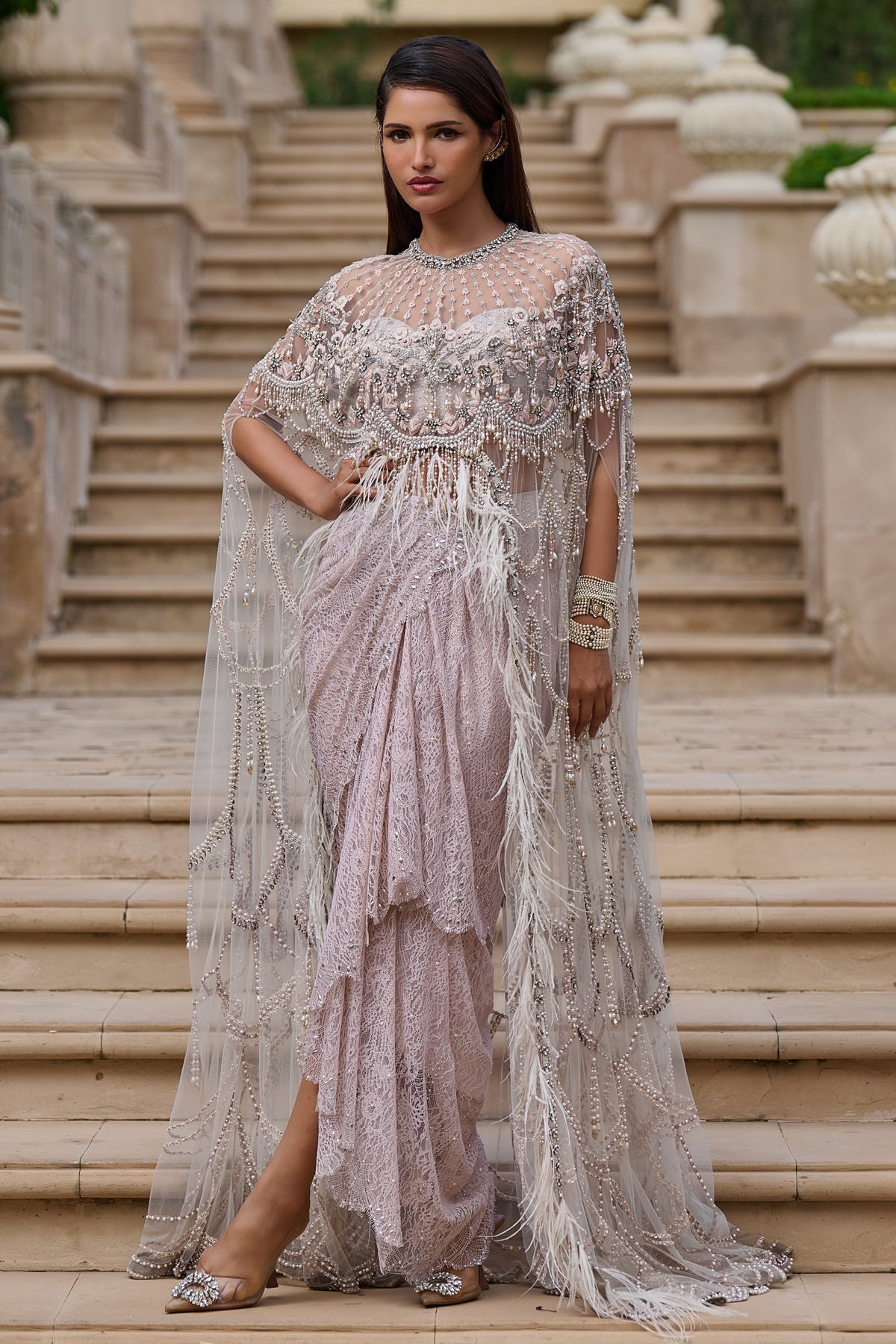 Crystal, Pearl & Feather Cape Set