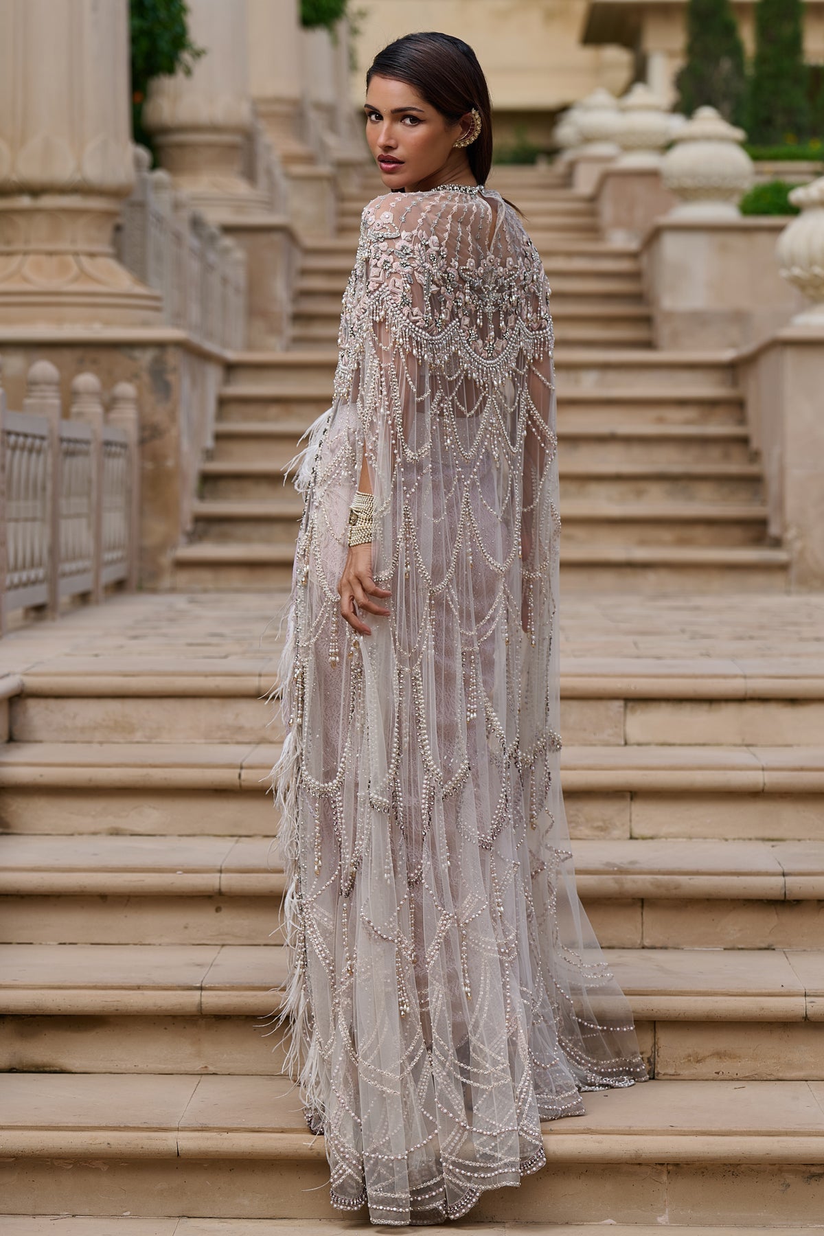 Crystal, Pearl & Feather Cape Set