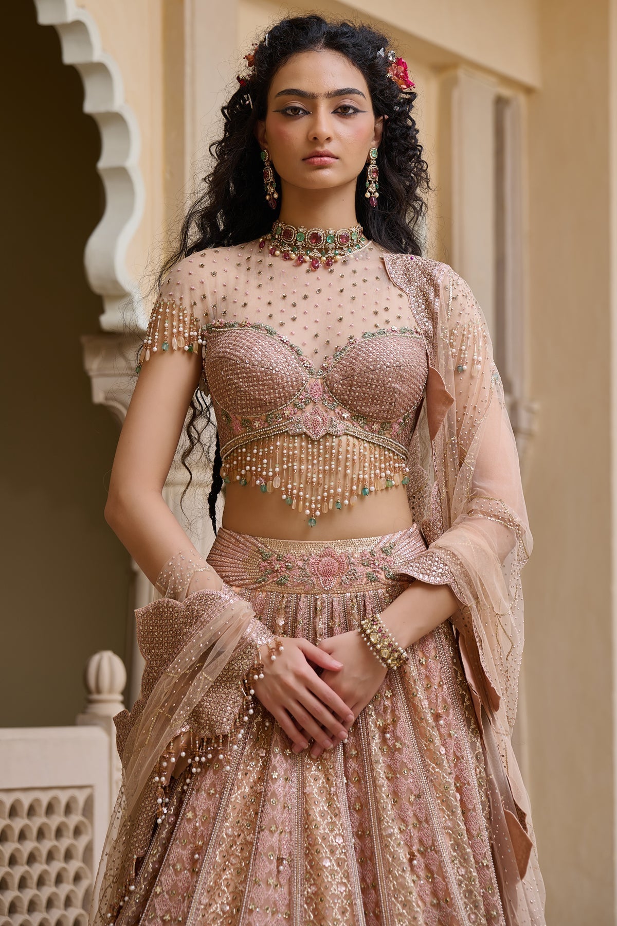 Golden Light Mughal Embroidered Lehenga with Dupatta