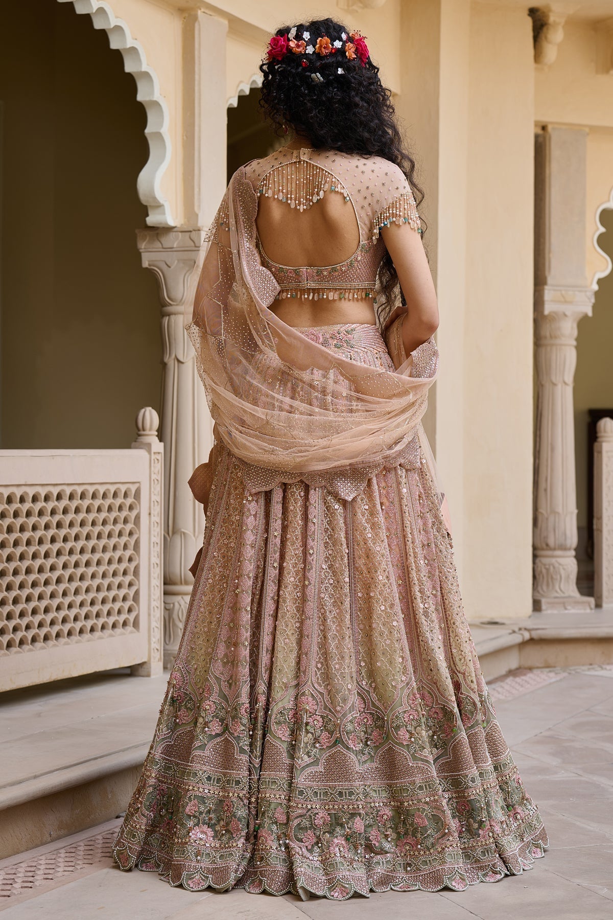 Golden Light Mughal Embroidered Lehenga with Dupatta
