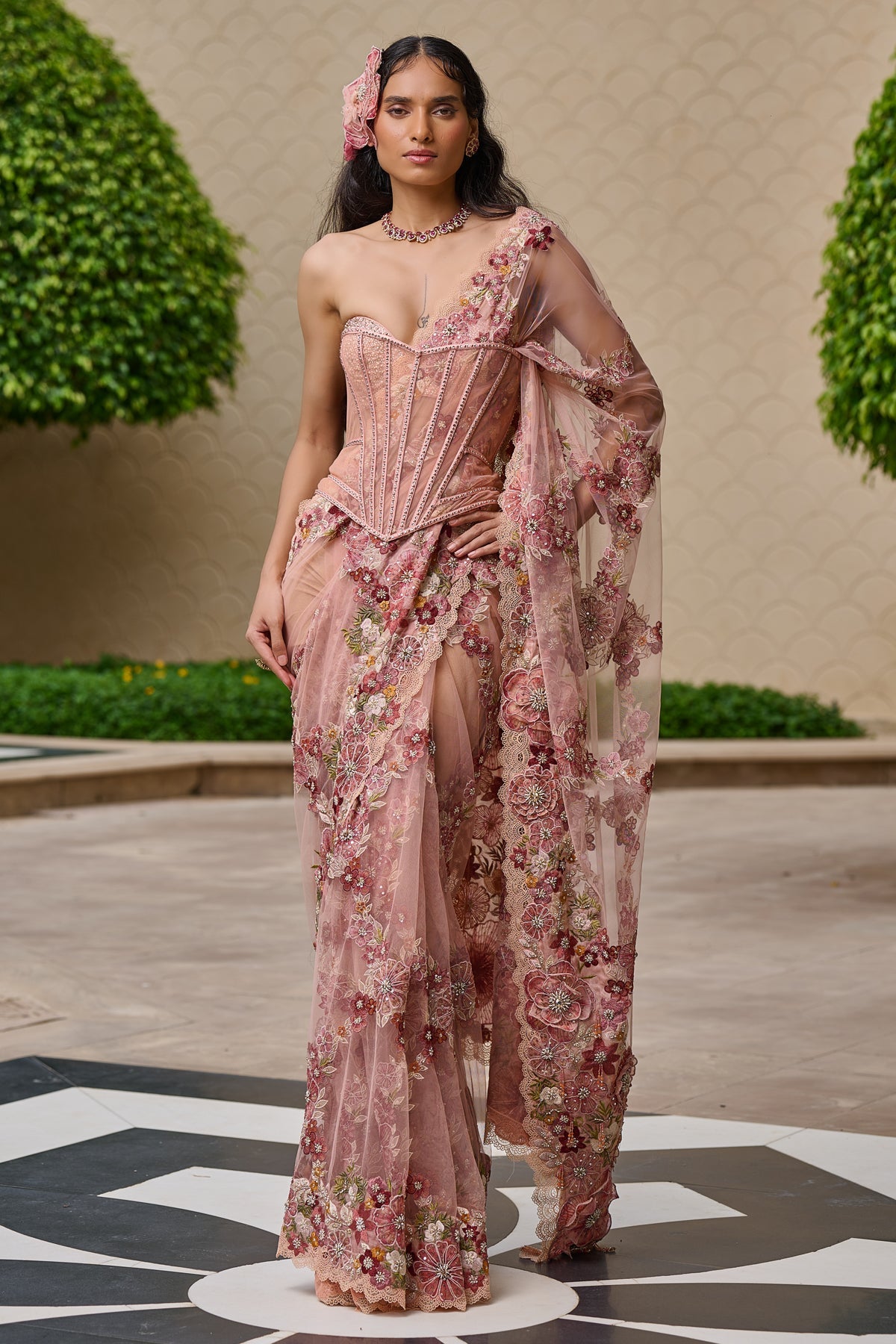 Floral Embroidered Saree with Crystal Corset