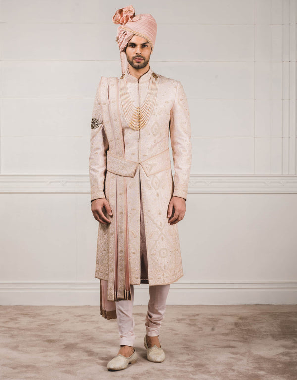 Peach Sherwani In Raw Silk Fabric