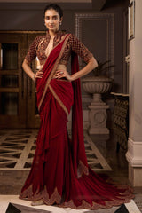 Draped Saree With Velvet Blouse