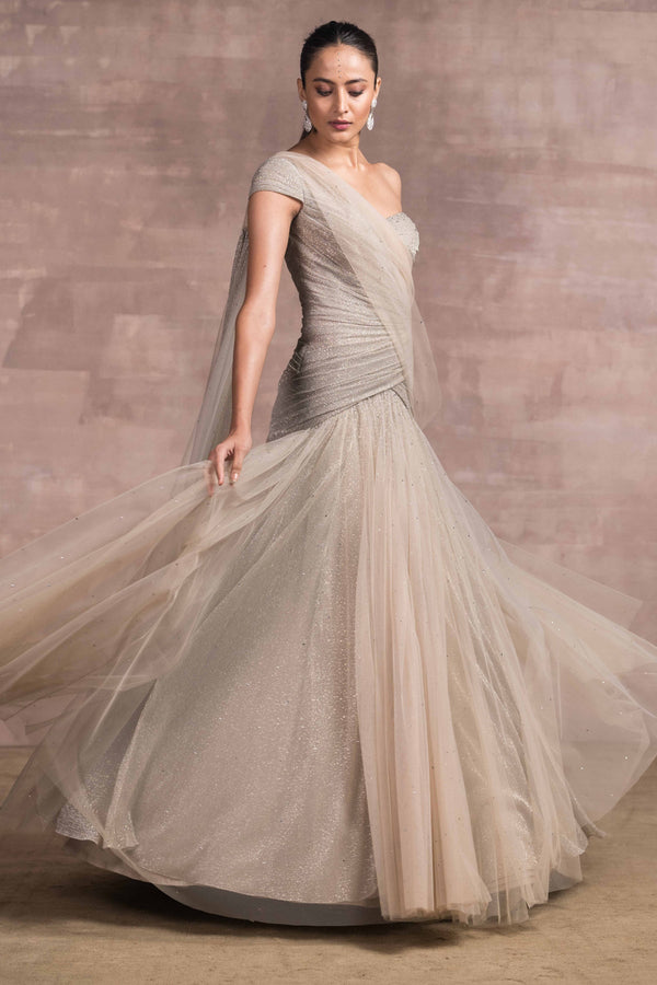 Novelty Foil Crinkle And Tulle Draped Gown