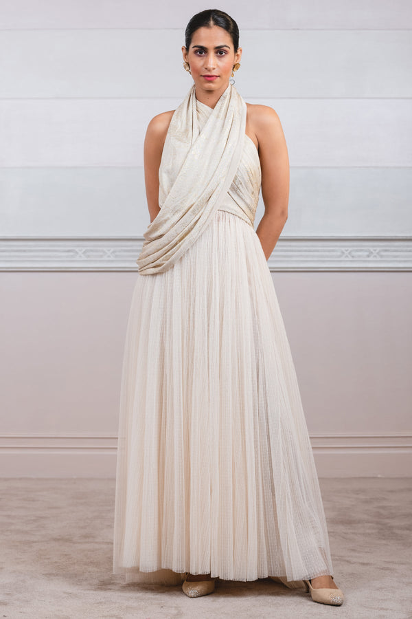 Crinkle Flared Bottom Tulle Dress