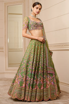 Embroidered lehenga and blouse with tulle dupatta