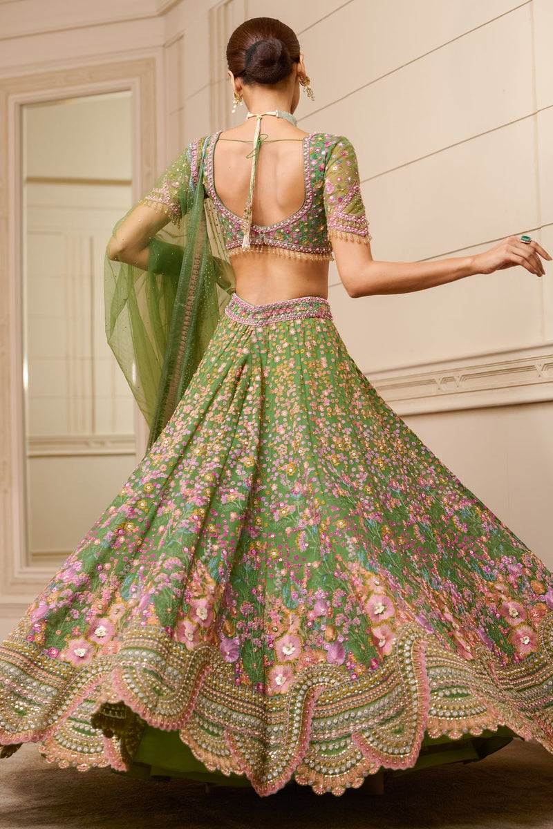 Embroidered lehenga and blouse with tulle dupatta