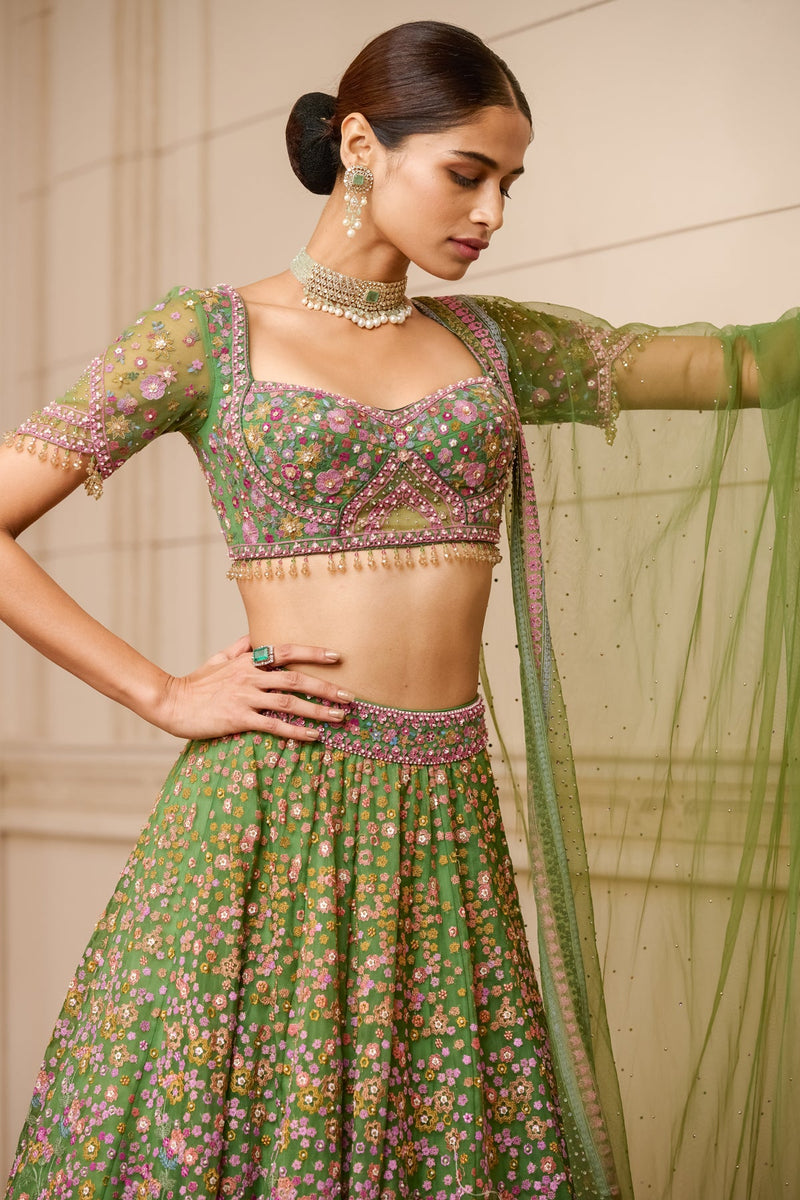 Embroidered lehenga and blouse with tulle dupatta