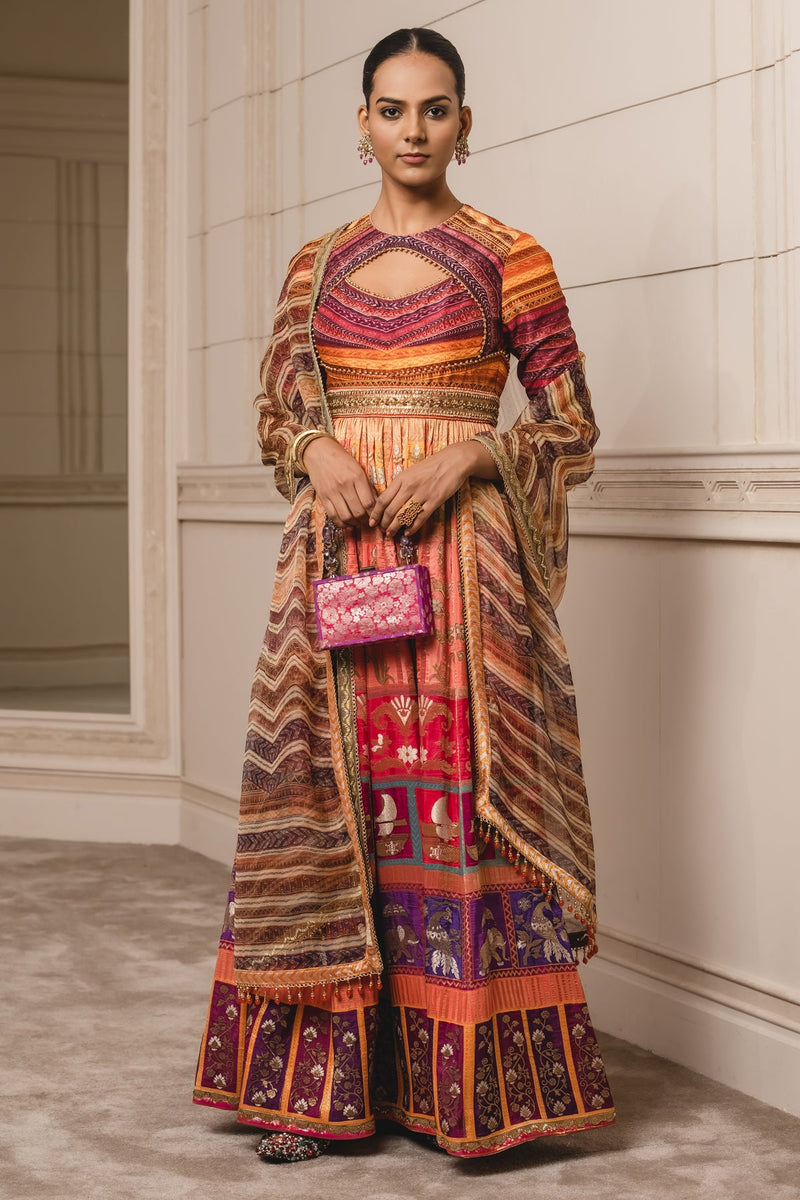 Jacquard anarkali, churidar, and dupatta