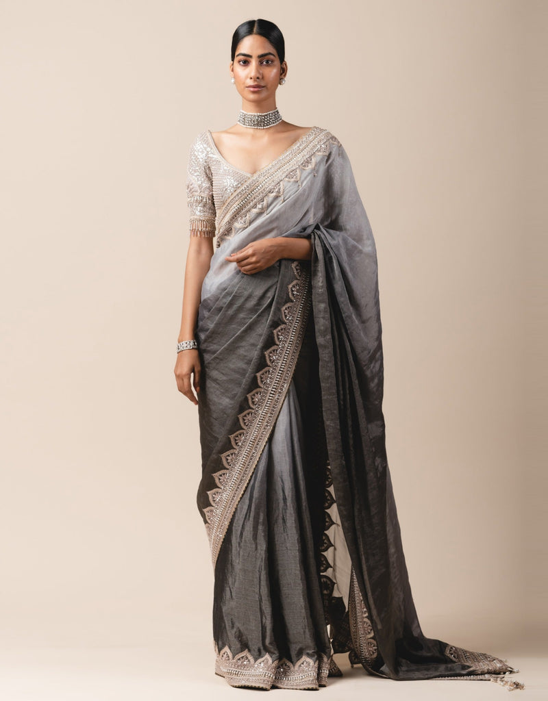 Ombre Georgette Tissue Saree With Dome Shape Hand Embroidered BordeR ...