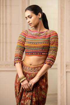 Printed And Embroidered Draped Khadi Skirt