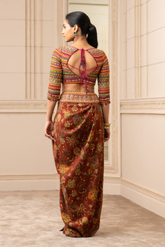 Printed And Embroidered Draped Khadi Skirt