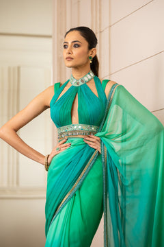 Ombre Chiffon Saree With Fluted Blouse