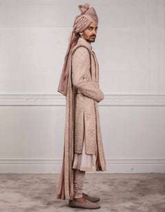Rose Pink Sherwani In Matka Silk Fabric